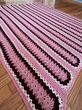 Vintage Handmade Crochet Afghan Blanket, Pink Burgundy White Throw, 61 x 53